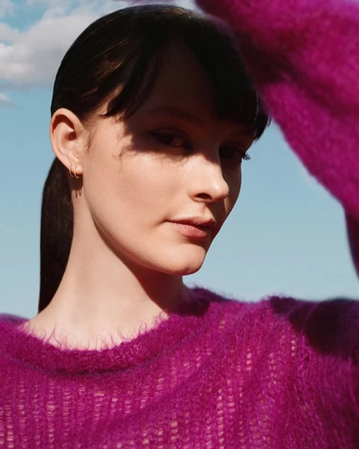 Close-up of an adult woman with light skin, wearing a purple sweater, standing outside on a sunny day with a blue sky and clouds.