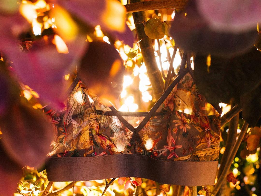 Floral bralette with gray band detail displayed outdoors with green leaves and orange sunlight in a fashion or beauty advertisement.