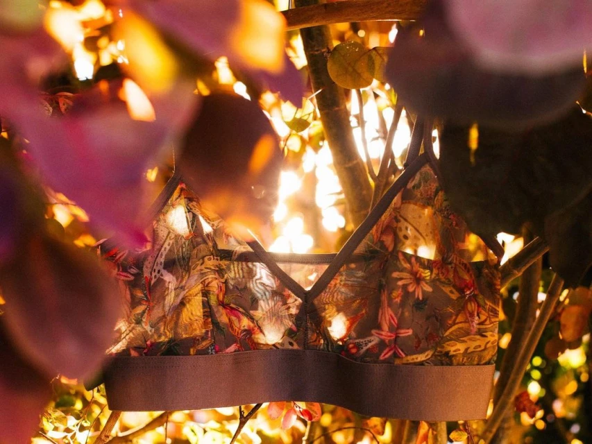 Floral bralette with gray band detail displayed outdoors with green leaves and orange sunlight in a fashion or beauty advertisement.