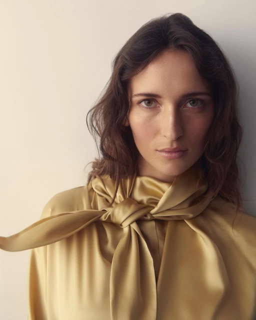 Portrait of an adult female wearing a gold silk blouse with a tie at the neck. She is posing in front of a plain background.