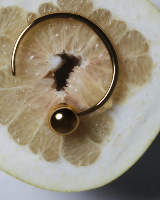 Golden ring pendant necklace on a grapefruit. Minimalist jewelry product shot with shallow depth of field. Beauty and fashion accessories.