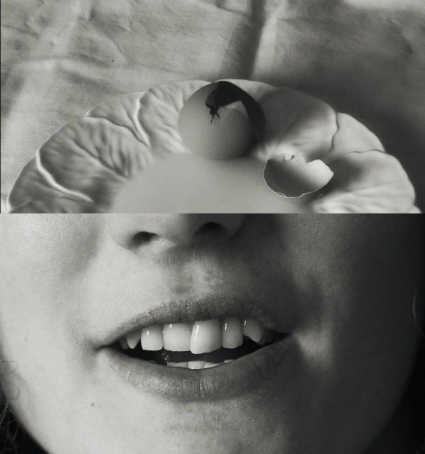 Surreal black and white composite image featuring an egg with a crack and an adult female's mouth with teeth showing.