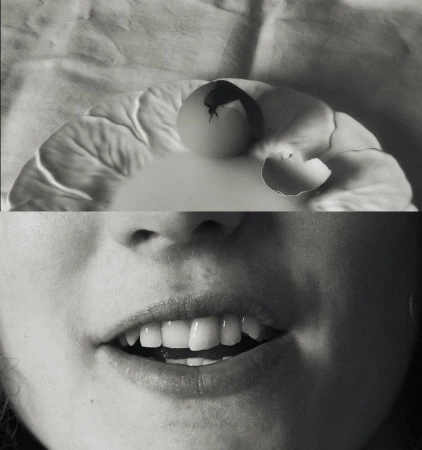 Surreal black and white composite image featuring an egg with a crack and an adult female's mouth with teeth showing.