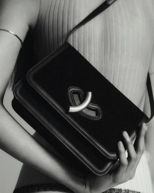 Black velvet handbag with a silver clasp held by an adult woman in a monochromatic, close-up fashion shot.