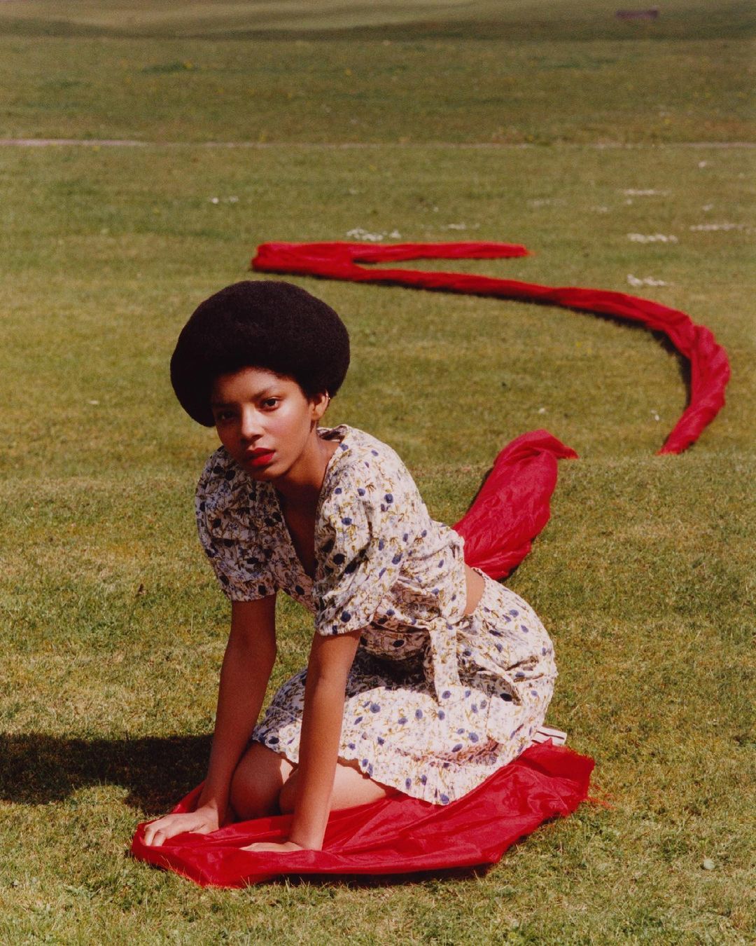 Woman with an afro in a floral dress kneels on a red fabric in a field of green grass on a sunny day in an outdoor setting.