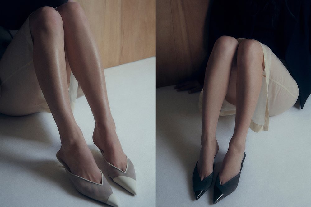 Two halves of an image show a seated adult woman's bare legs and pointed-toe mule shoes in grey and black against light studio backdrop.
