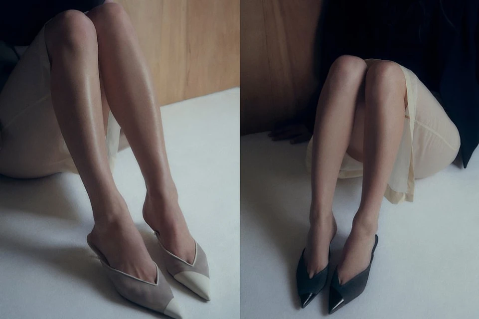 Two halves of an image show a seated adult woman's bare legs and pointed-toe mule shoes in grey and black against light studio backdrop.