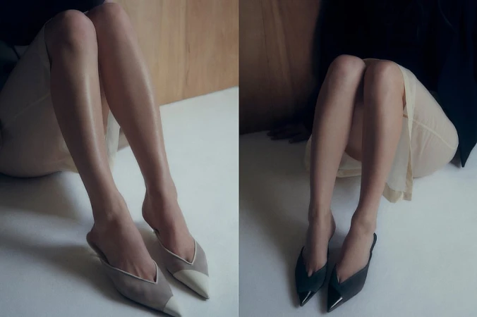 Two halves of an image show a seated adult woman's bare legs and pointed-toe mule shoes in grey and black against light studio backdrop.