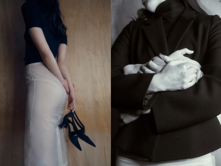 Elegant woman in a black top and white skirt holding black heels, with a split-panel view of a woman in a black jacket.