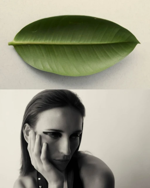 Monochrome portrait of an adult woman in pensive pose alongside a rubber plant leaf, set against a neutral off-white backdrop.
