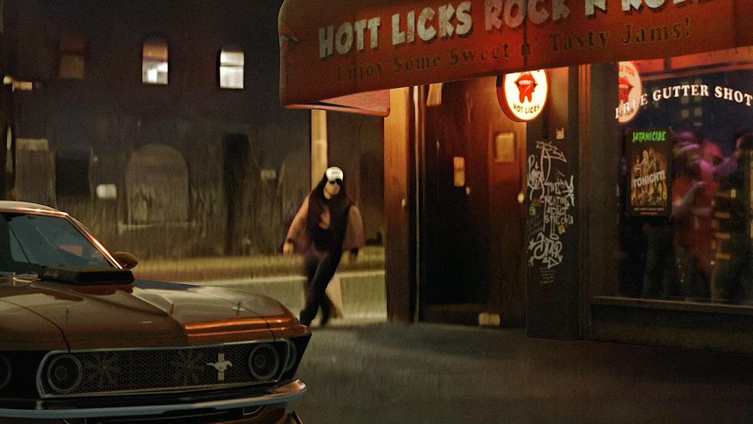 Classic Mustang parked outside Hott Licks Rock n Roll, with a person walking toward the entrance in a nighttime urban setting.
