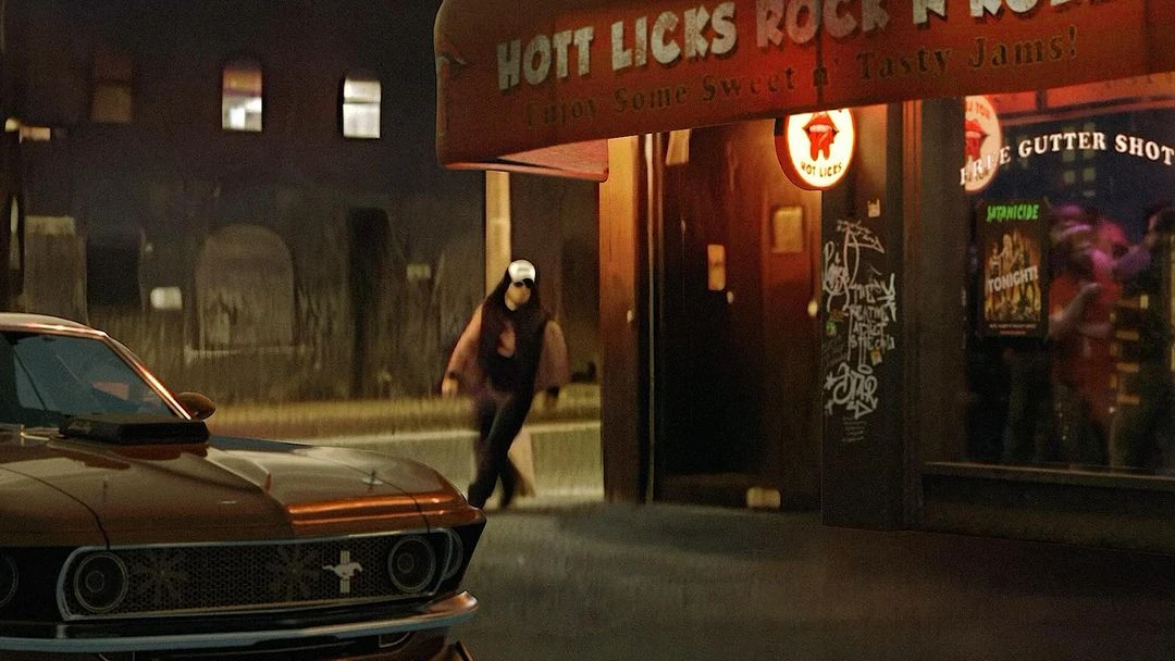 Classic Mustang parked outside Hott Licks Rock n Roll, with a person walking toward the entrance in a nighttime urban setting.