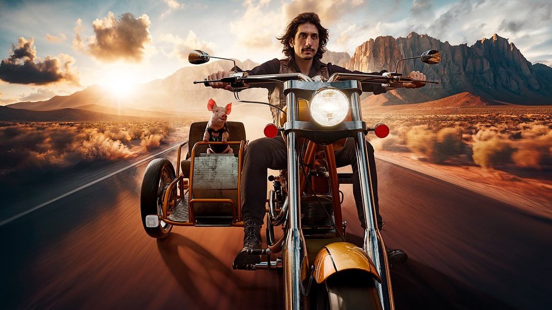 Man riding a motorcycle with a pig in the sidecar through a desert landscape under a vibrant sky with distant mountains at sunset.