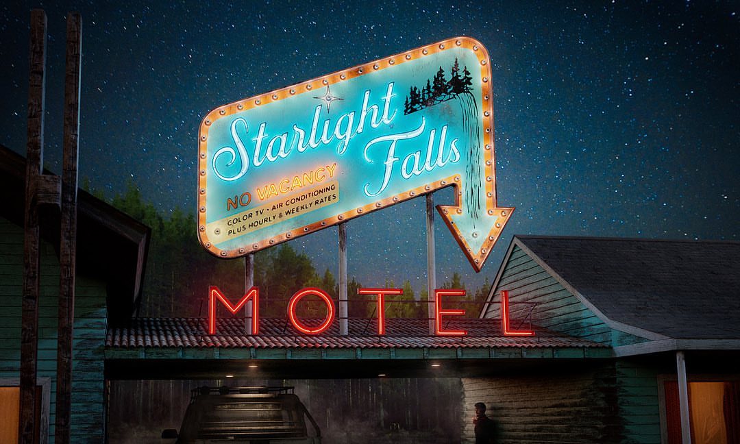 Retro motel sign 'Starlight Falls' with neon lights and waterfall graphic against a night sky; classic roadside Americana vibe.