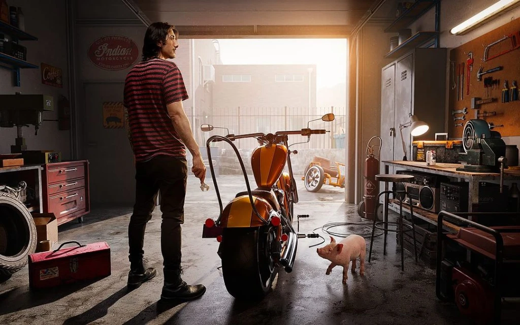 Man in garage with motorcycle and piglet. Motorcycle repair scene with toolbox, tools, and garage workbench in the background.