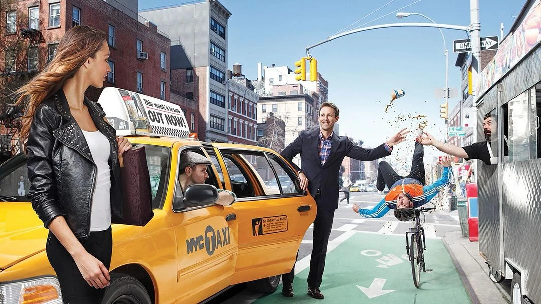 A dynamic New York City scene with a woman near a taxi, a man by the car, a cyclist falling near a food cart, and urban buildings.