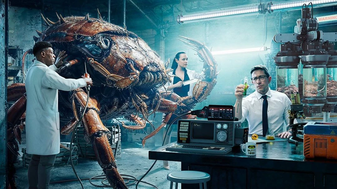 Surreal laboratory scene featuring three scientists examining a giant, mechanical crab with retro-futuristic tech and laboratory equipment.