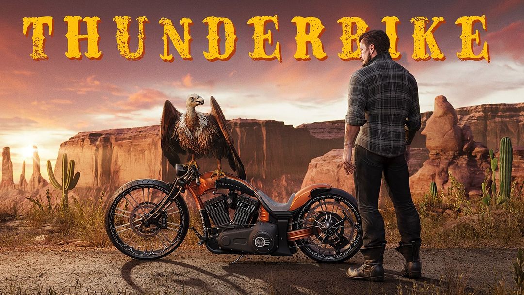 Man stands next to a custom motorcycle with a vulture perched on it, set against a desert backdrop at sunset with rocky mesas.