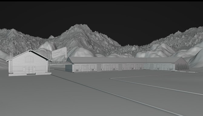 Architectural rendering of a lodge and a motel with mountains in the background, presented in grayscale, showcasing building design.