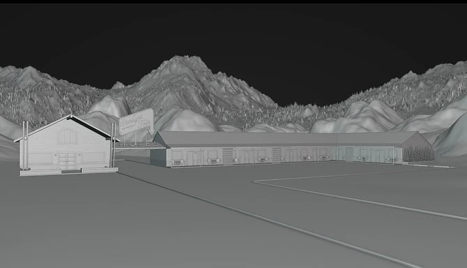Architectural rendering of a lodge and a motel with mountains in the background, presented in grayscale, showcasing building design.