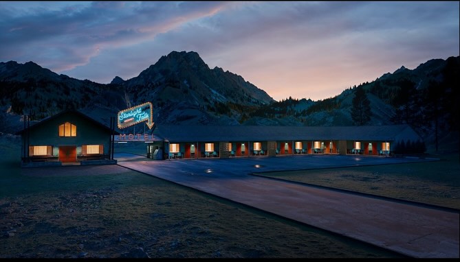 Scenic view of the Starlight Falls Motel at dusk, framed by mountains and trees under a colorful sky, lit by neon and interior lights.
