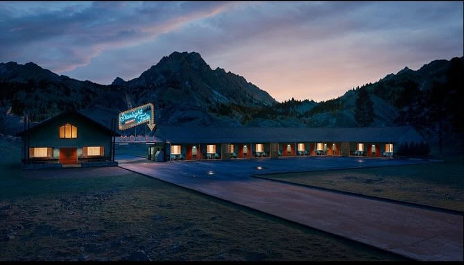 Scenic view of the Starlight Falls Motel at dusk, framed by mountains and trees under a colorful sky, lit by neon and interior lights.