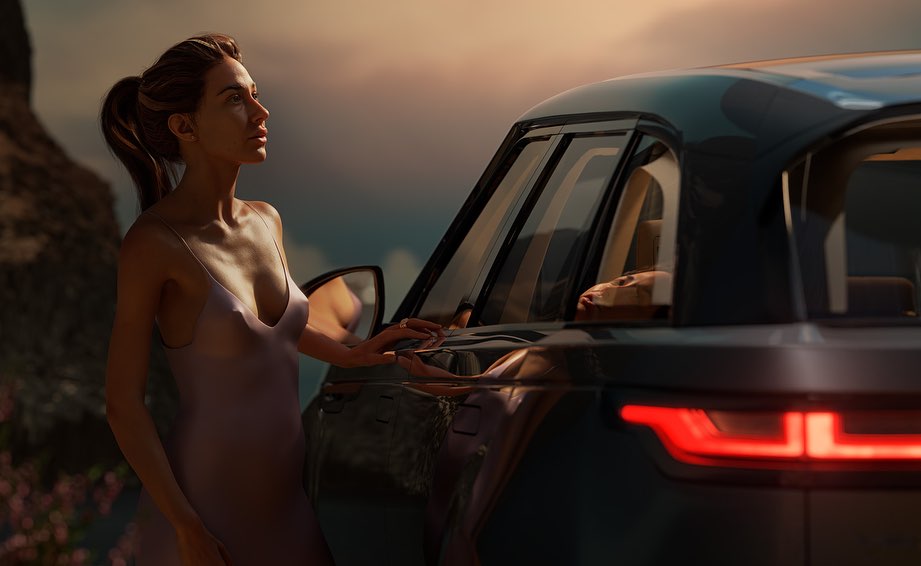 An adult woman in a purple dress stands beside a dark grey Range Rover SUV with a twilight sky and distant mountains in the background.