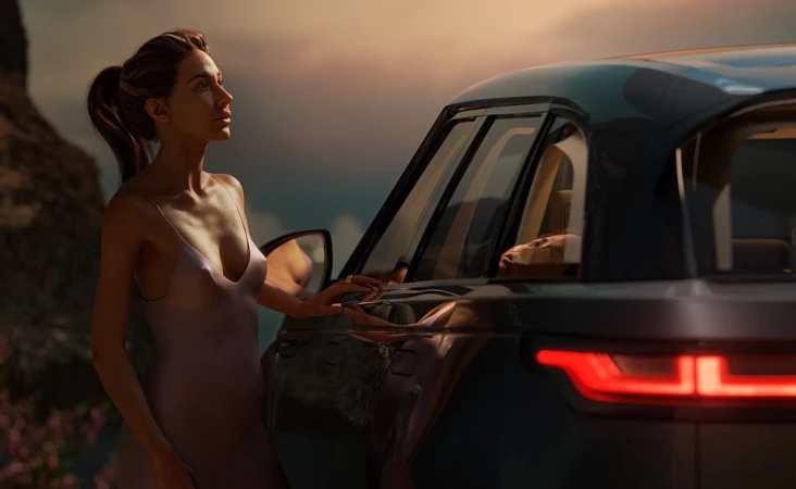 An adult woman in a purple dress stands beside a dark grey Range Rover SUV with a twilight sky and distant mountains in the background.