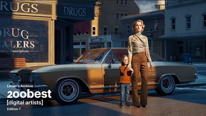A mother and child stand next to a vintage car in front of a retro storefront, evoking a nostalgic Americana scene.