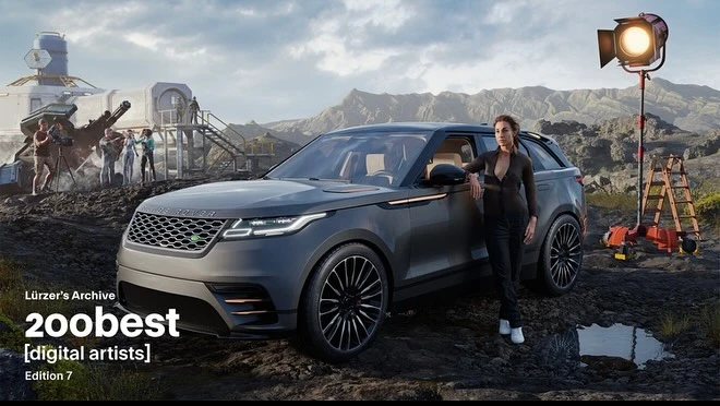 Luxury dark-grey Range Rover SUV parked in a barren landscape with a woman leaning against it, illuminated by a large stage light.