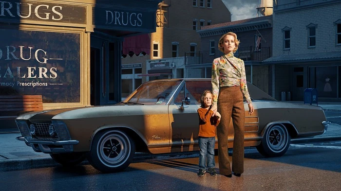 Woman in floral blouse and brown trousers standing beside a young child and a vintage car on a city street.