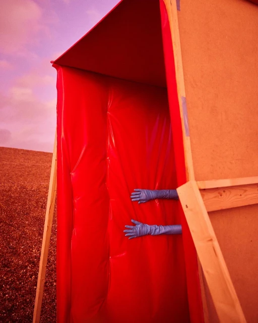 Conceptual image of disembodied hands wearing blue surgical gloves reaching out from a red plastic-lined wooden structure on a grassy hillside.
