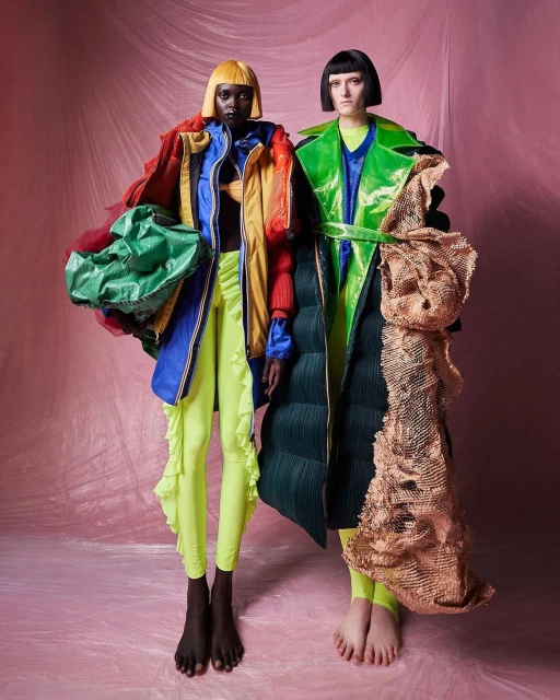Two fashion models in unique, colorful outerwear, set against a pink backdrop, showcase avant-garde style and design. Striking presentation.