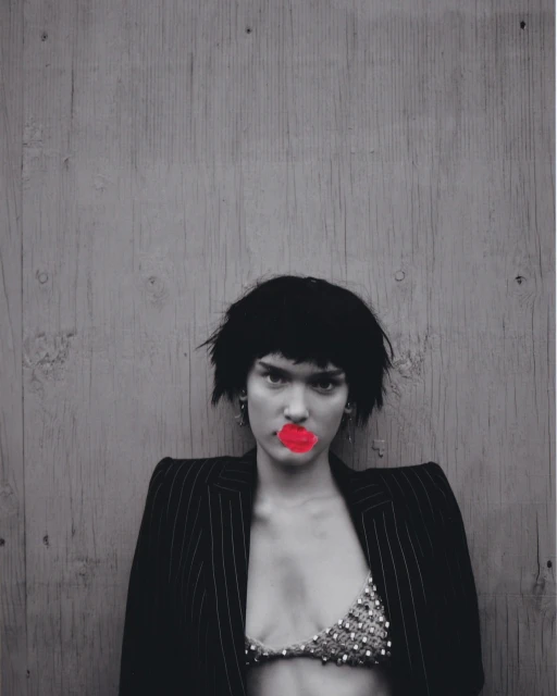 Adult female with short dark hair and red lips posing against a gray wooden background wearing a pinstripe suit jacket and a beaded bra top.