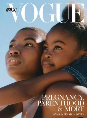 Fashion magazine cover featuring an adult female and a child embracing against a clear sky backdrop, promoting content on pregnancy and parenthood.