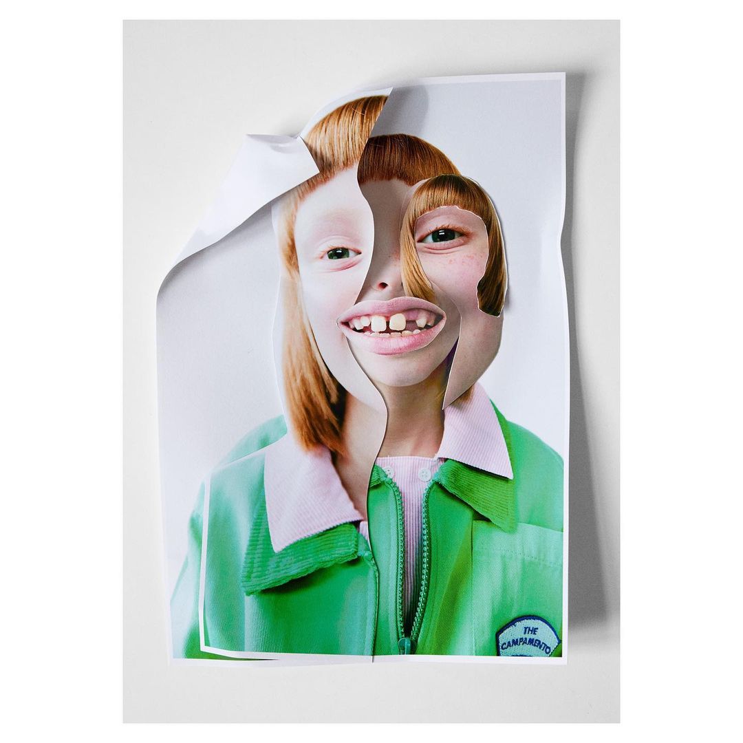 Distorted portrait of a young person with auburn hair and green jacket, created from cut-up photographs on a white background.