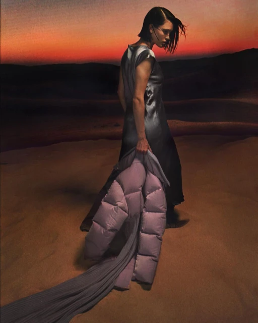 A woman in a silver dress stands on a sandy surface, holding a lilac puffer jacket against an orange and dark gradient sky.