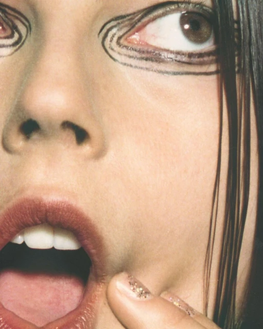 Close-up shot of a woman's face featuring bold, graphic black eyeliner, open mouth, and shiny fingernails. Beauty and makeup.