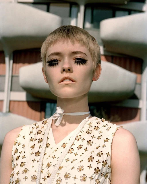 Close-up portrait of a woman with heavy eyelashes wearing a white, floral-cut top and a ribbon choker in front of an apartment building.