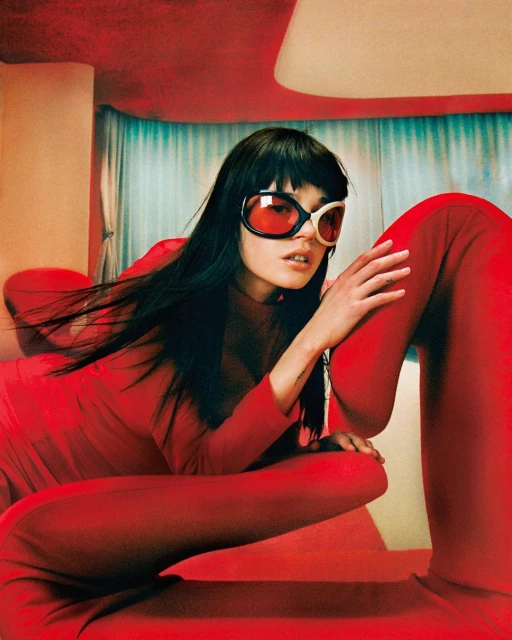 Stylish woman in a red dress and large sunglasses poses near red lounge seating in an indoor setting with patterned curtains.