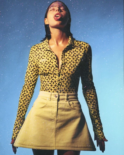 Woman in patterned top and yellow skirt poses against a speckled blue backdrop with glitter on her face and her tongue slightly out.
