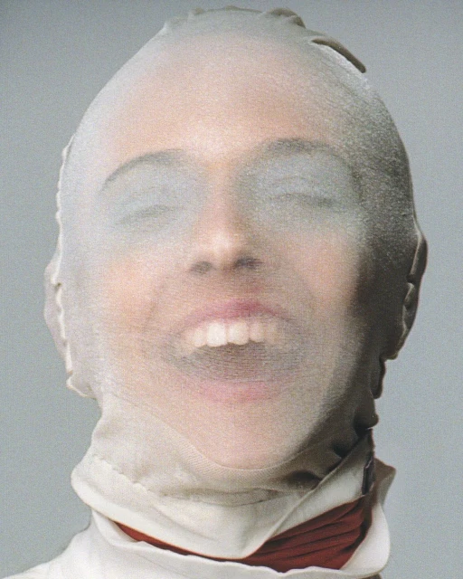 Woman with semi-opaque white nylon stocking over her head and face, eyes closed, and mouth open, studio lighting, and neutral background.