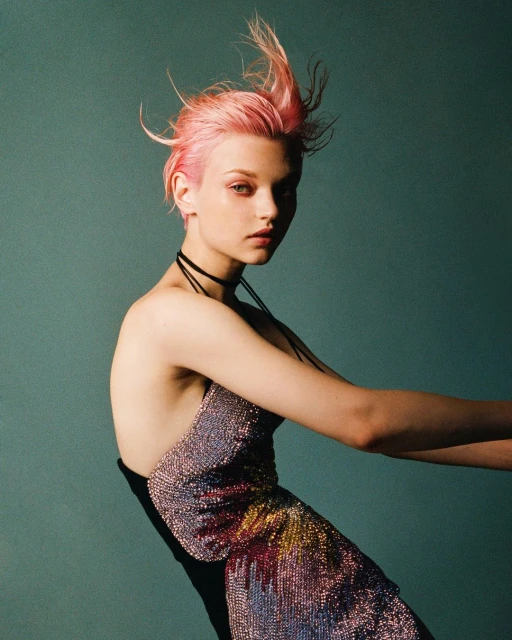 A stylish young adult with pink hair poses in a shimmery rainbow dress against a teal backdrop, captured in a studio portrait. 