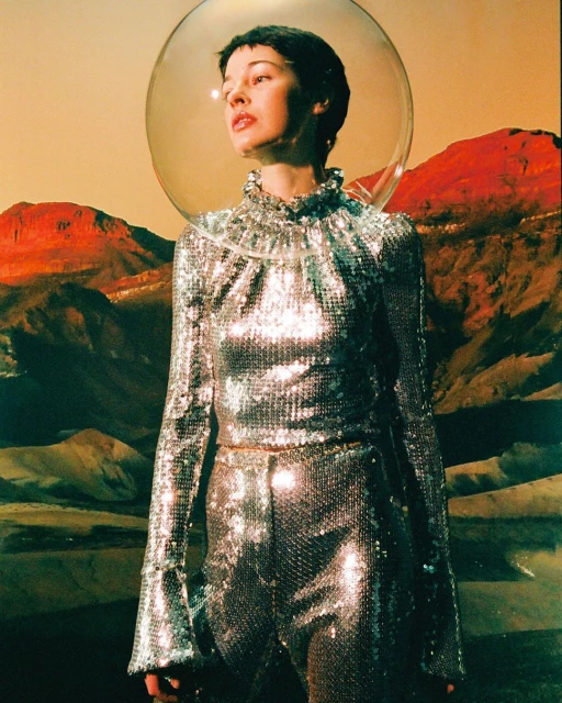 A woman wearing a sparkly silver outfit and a clear bubble helmet stands against a surreal mountain landscape backdrop in a studio shot.