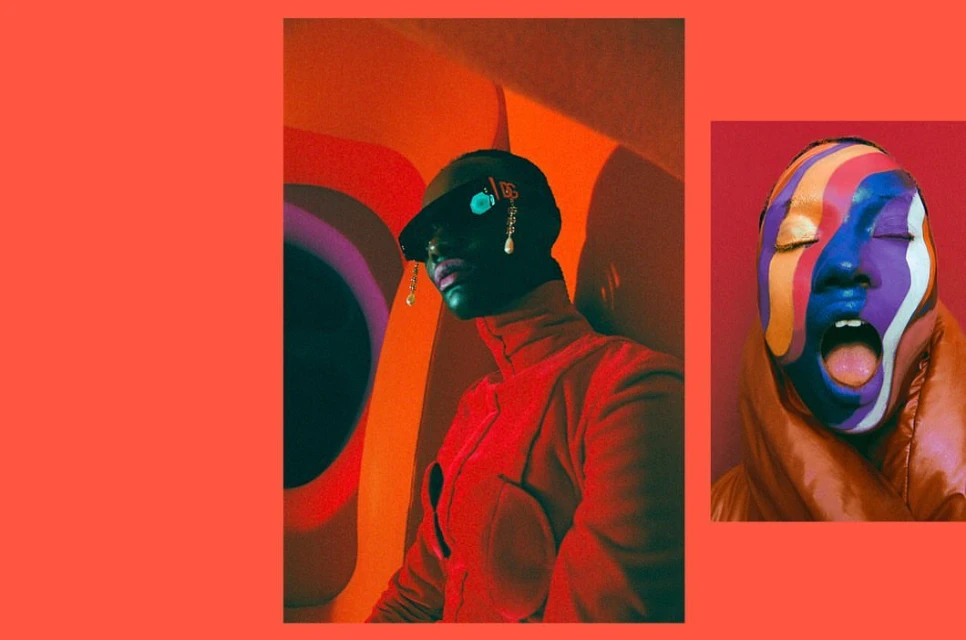 Two portraits on salmon backdrop: one with face paint and another with a sculptural red suit and cap in a psychedelic setting.
