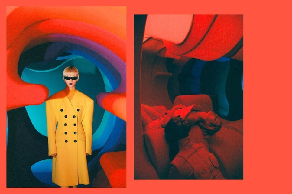 Artistic diptych featuring a woman in a yellow coat against an abstract background and another woman lying down in an orange-toned setting.