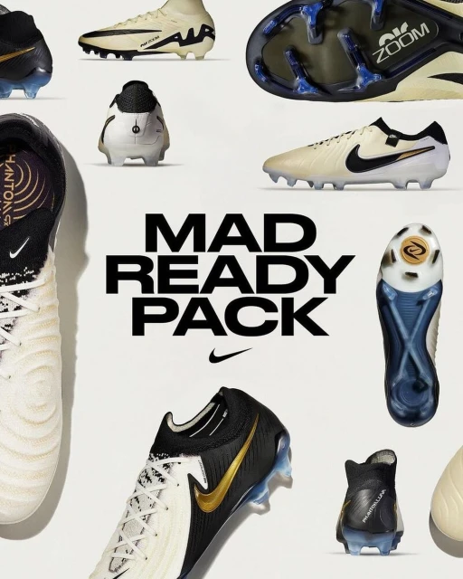 A variety of Nike soccer cleats, showcasing different designs and color schemes, are arranged on a clean, light background with 'MAD READY PACK' text.