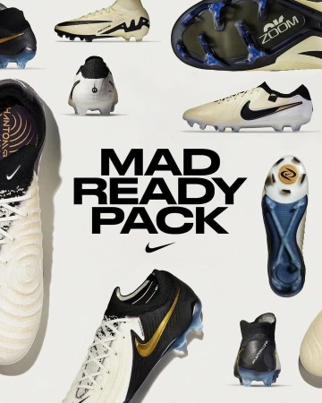 A variety of Nike soccer cleats, showcasing different designs and color schemes, are arranged on a clean, light background with 'MAD READY PACK' text.