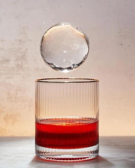 Close-up of a clear, round ice ball suspended above a clear, ribbed glass filled with a red liquid on a marble surface.