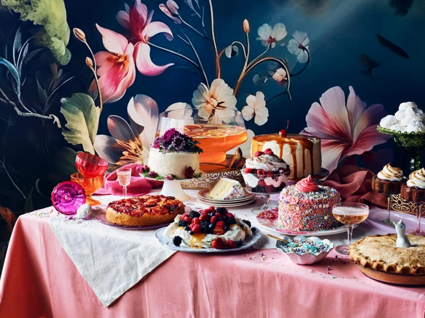 Elaborate dessert spread featuring assorted cakes, pies, drinks, and glassware on a pink tablecloth against a floral backdrop.